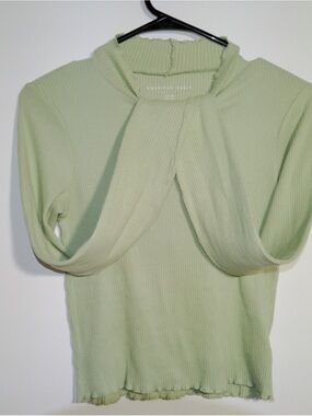 American Eagle Sage Ribbed Knit Twist-Front Top
